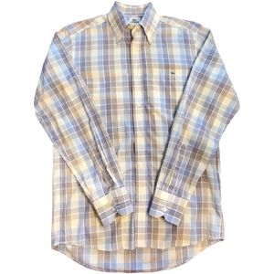 Lacoste Button Down Long Sleeve Plaid Casual Shirt, Size M (38), White/Blue/Tan